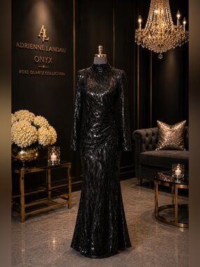 NWT Adrienne Landau ONYX Black Sequin Mermaid Evening Set Glam Cocktail Gown